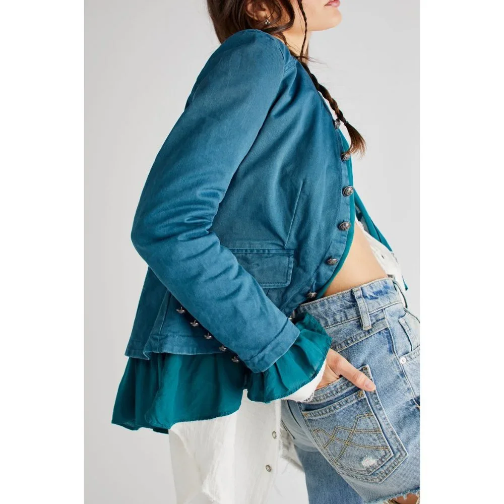 🎉LAST CHANCE🎉 FREE PEOPLE Ruffles Romance Jacket / Teal Jewel - Picture 5 of 6